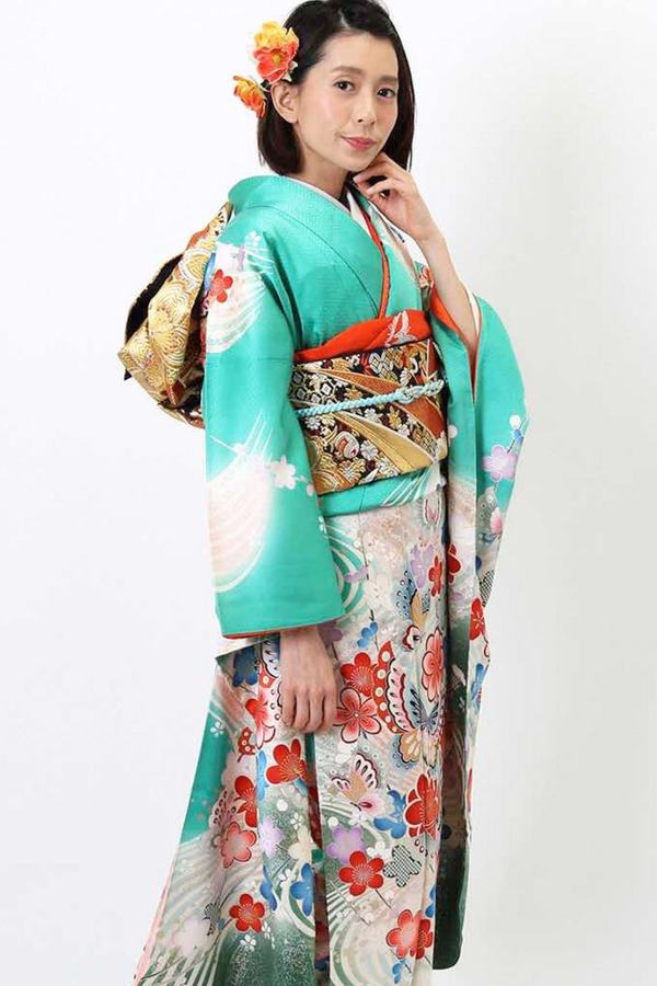 正絹 桜と蝶柄 緑　身長145cm～160cm