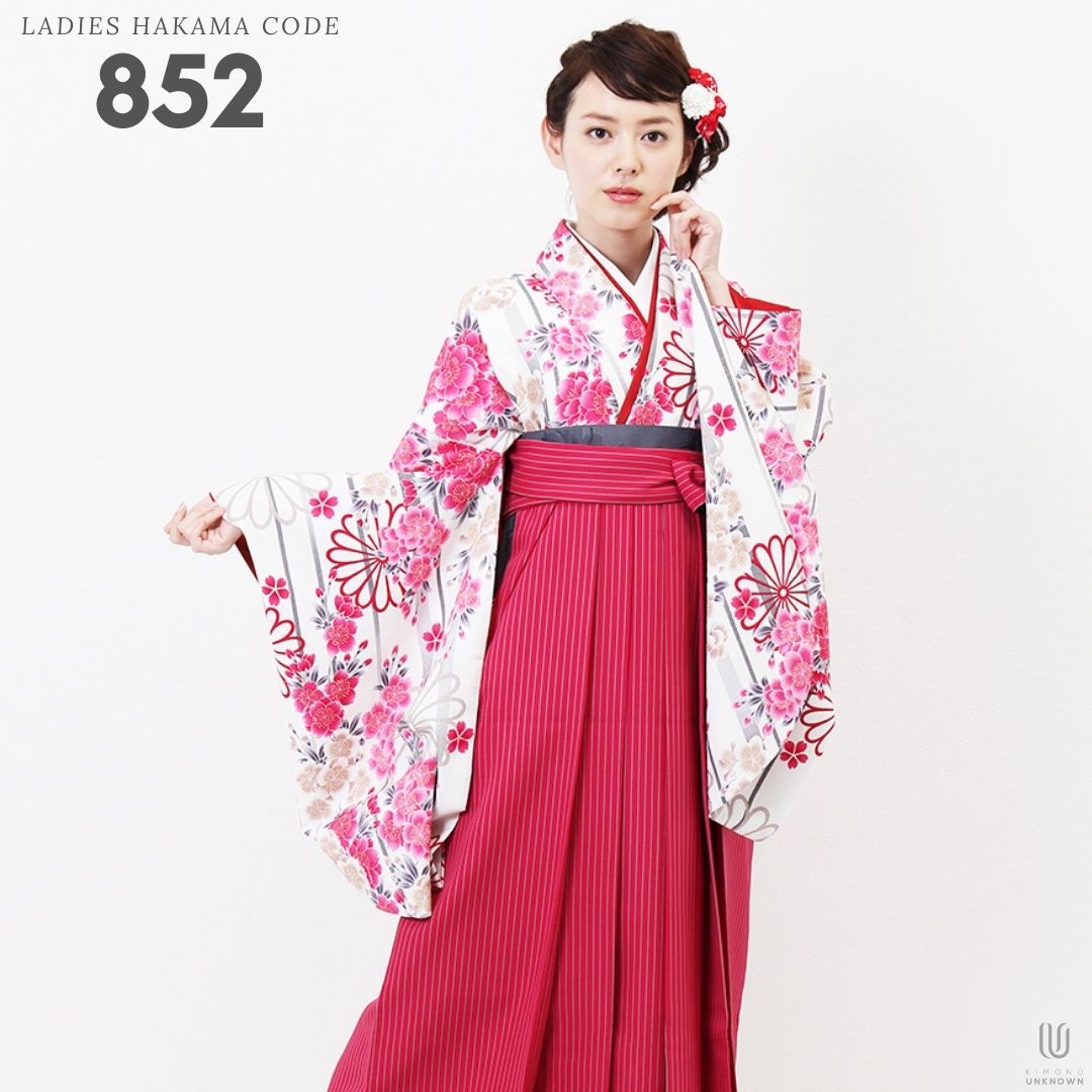 【対応身長 157cm～165cm】【キュート】 卒業式レンタル袴フルセット-852 マルチカラー 花柄 桜 ストライプ 白 ピンク グレー